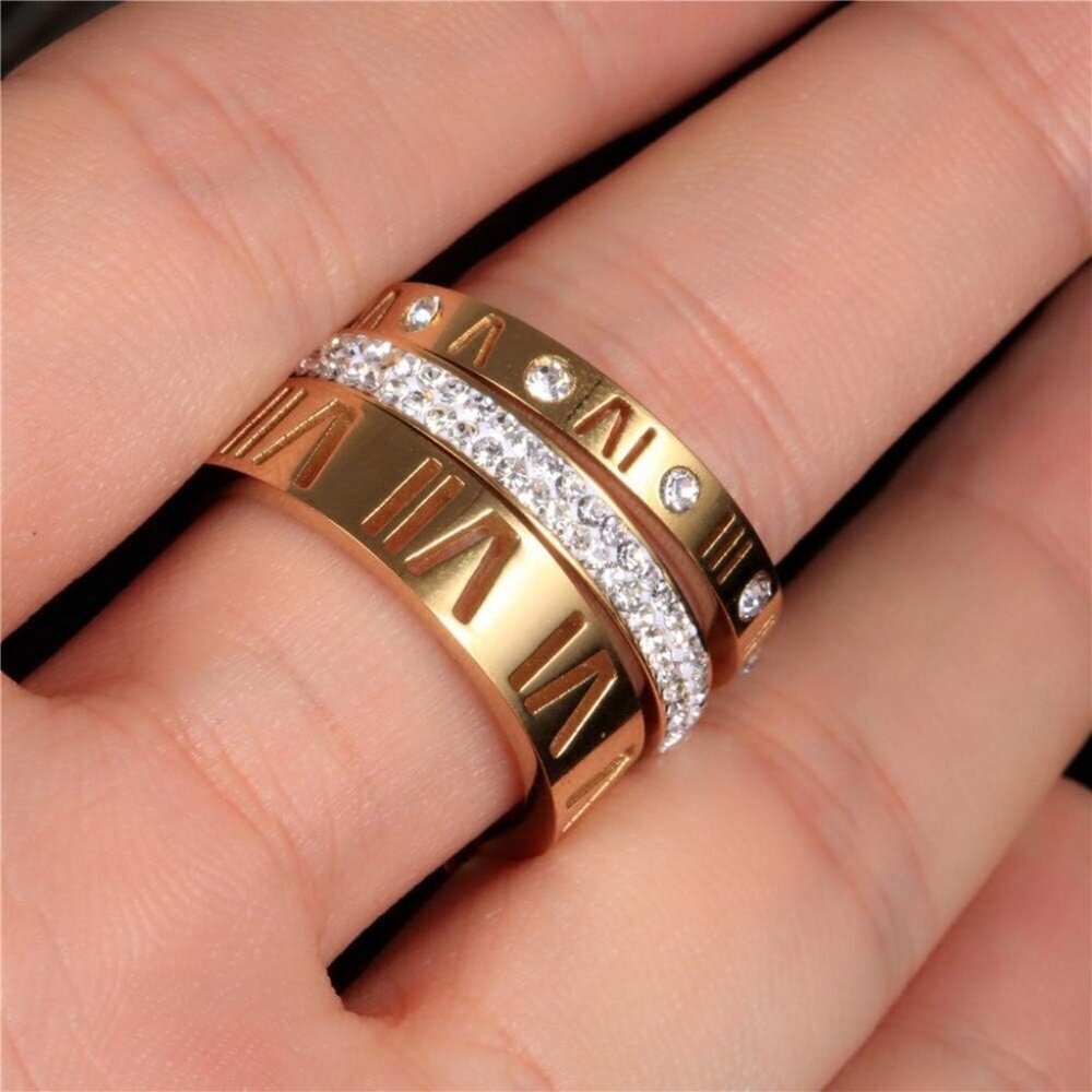 Stainless Steel CZ Roman Numeral Ring Women Stacking Thumb 3-in-1 Gift - Picture 5 of 6